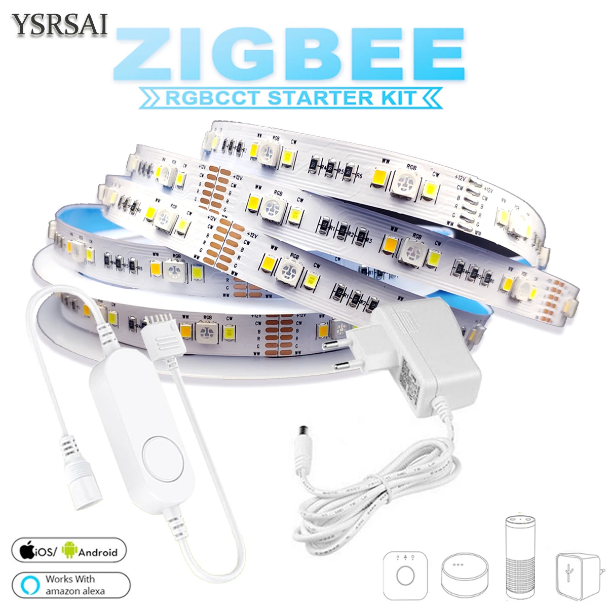 Zigbee RGBCW Mini Controller 1M-10M DC12V 5050 RGB+CCT 90leds/m LED Strip Light Power Kit For ZIGBEE 3.0 HUB Echo Plus APP
