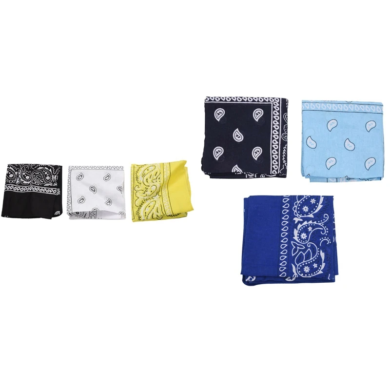 

Бандана «пейсли» для мужчин и женщин, 6 шт., 57X57 см, 3 шт., черная, белая, желтая, 3 шт., королевский синий + небесно-голубой + темно-синий