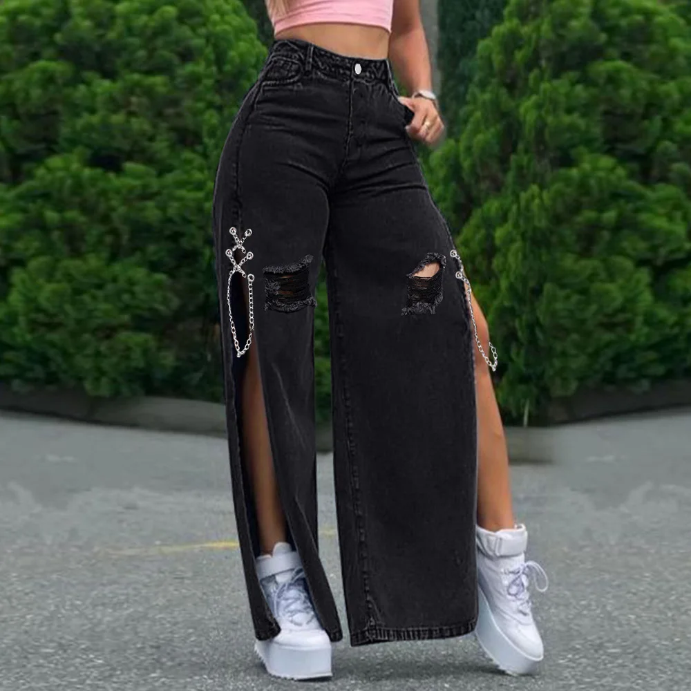 

Korean Style Women Ripped Jeans Denim Split Wide Leg Jean Fashion Loose Long Length Streetwear Female Pants Casual Solid Pants