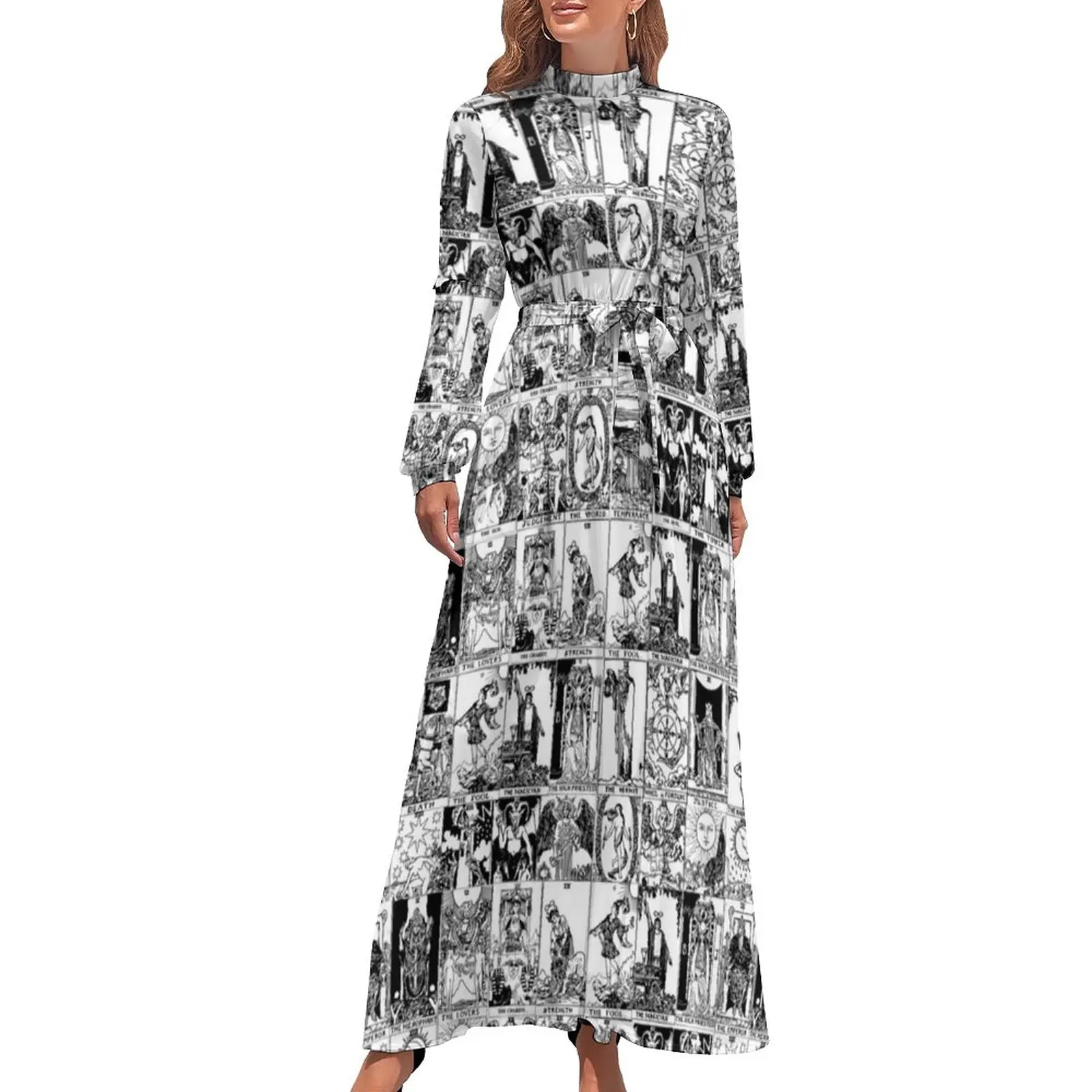 

Черно-белое платье-Таро с высокой талией, дизайнерские богемные платья от ведущей арканы, Модное Длинное Платье макси с длинным рукавом, модная одежда