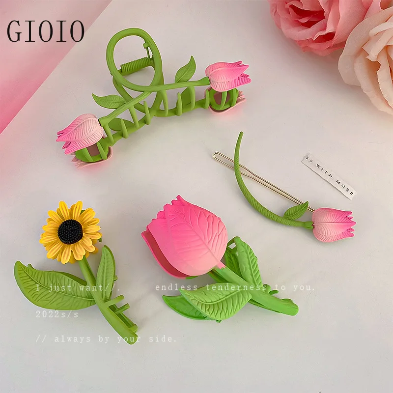 

New Style Pink Tulip Flower Hair Clip Fresh Back Head Shark Clip SUNFLOWER New Ins Hair Accessories hair pins bride headpiece