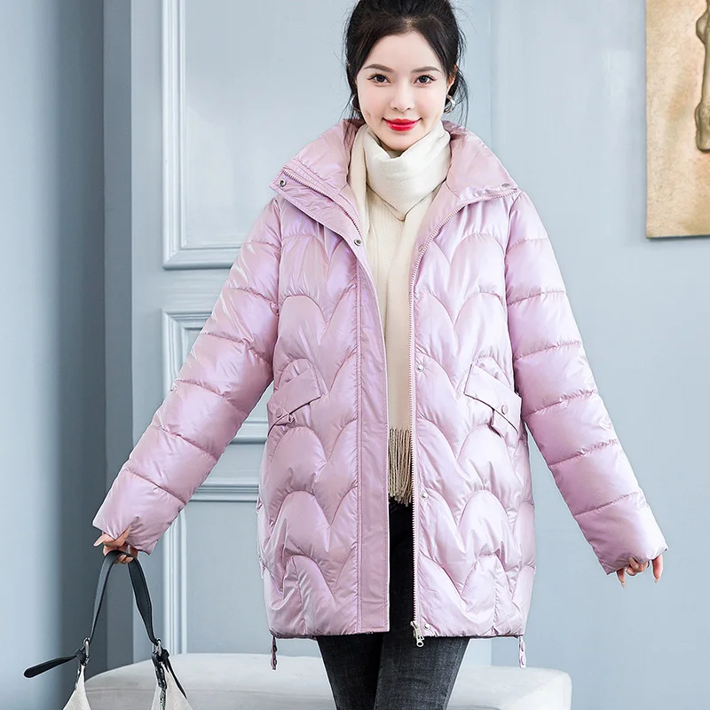 2022 Winter Korean New Clothing Women Long Parka Shiny Down Cotton Padded Jacket Fashion Casual Warm Coat