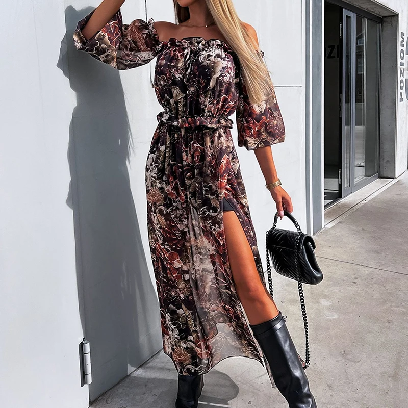 

Женское шифоновое платье-макси с цветочным принтом, длинным рукавом и разрезом на подоле