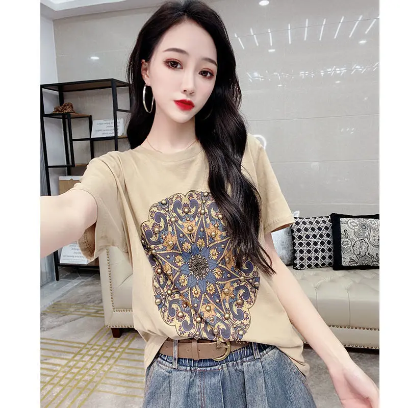 

2022 summer new printed diamond short sleeve cotton T-shirt