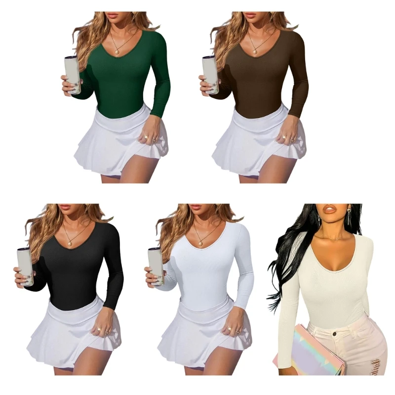 

Womens Long Sleeve V-Neck Bodysuit Solid Color Empire Waist Bodycon Jumpsuit Top