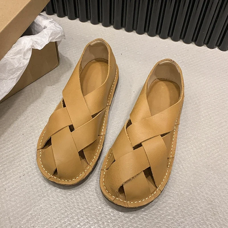 2024 кожаные женские сандалии верхний слой из воловьей кожи тканые повседневные