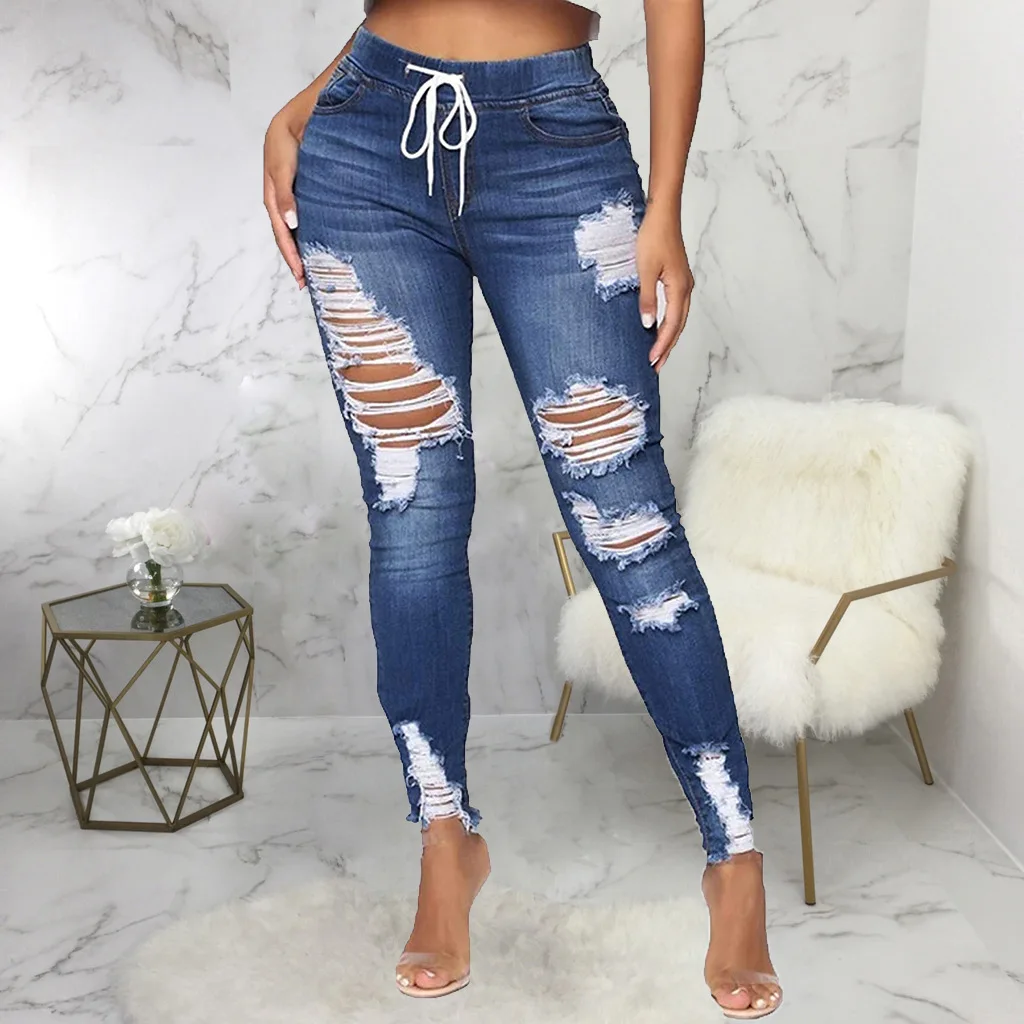 

Hollow Out Jeans Sexy Ripped Fringe Ruffle Water Wash Denim Pencil Pants 2022 High Waist Bodycon Hole Women Trouser Club Outfits