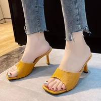 plus size 43 summer women slippers open toe stilettos leather square toe sandals elegant female high heels sandals and slippers