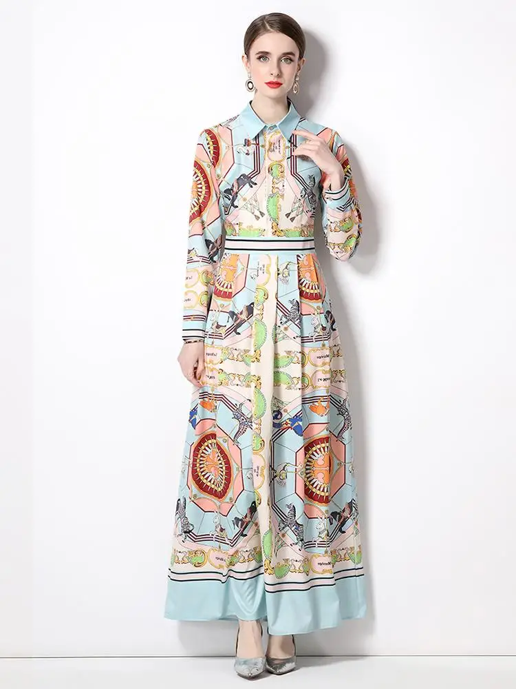 

Женское модельное однобортное платье макси N596, плиссированное платье с отложным воротником и длинным рукавом, винтажное платье с цветными ...