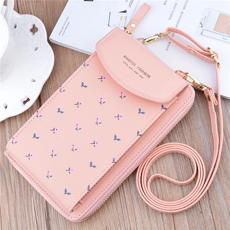 

Women Wallet PU Leather Shoulder Bag Flower Print Shoulder Straps Mobile Phone Large Card Holders Purse Handbag Bags Girls