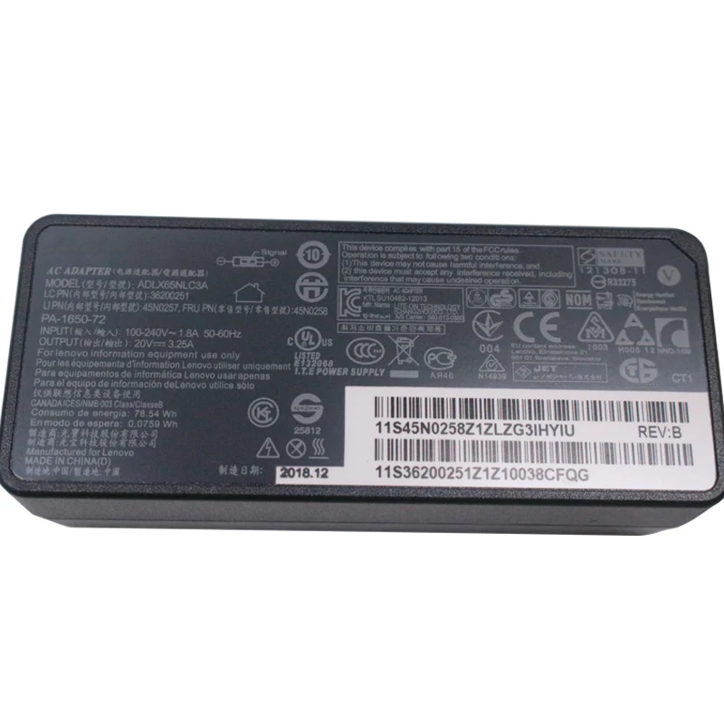 Фото Зарядное устройство для ноутбука Lenovo AC Adapter 20V 3.25A 65W ADLX65NLC3A PA-1650-71, совместимое с Yoga 500-14IHW, 500-14ISK, 500-15ACL №3
