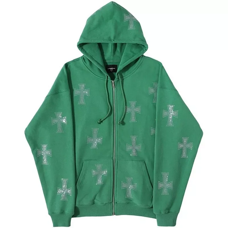 

2023New Hooded Cross Rhinestone Zipper Hooded Sweater Plus Size European and American Loose Top Two-piece Autumn 2021 New Style