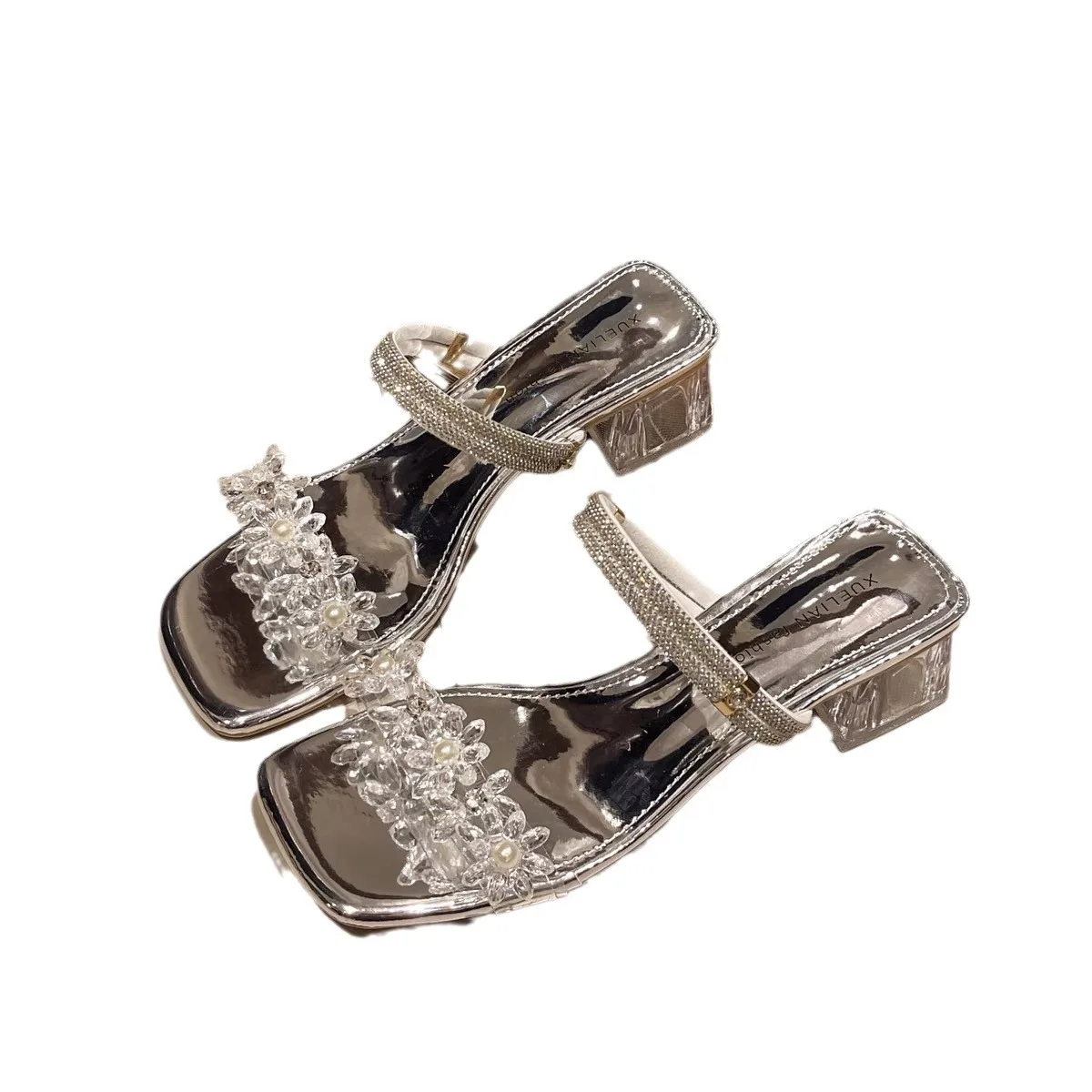 Женские сандалии с ремешками прозрачные босоножки цветами и кристаллами