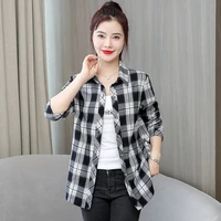 summer fashin cotton plaid shirt female middle aged fashion all match cardigan double pocket mother spring loose button shirt