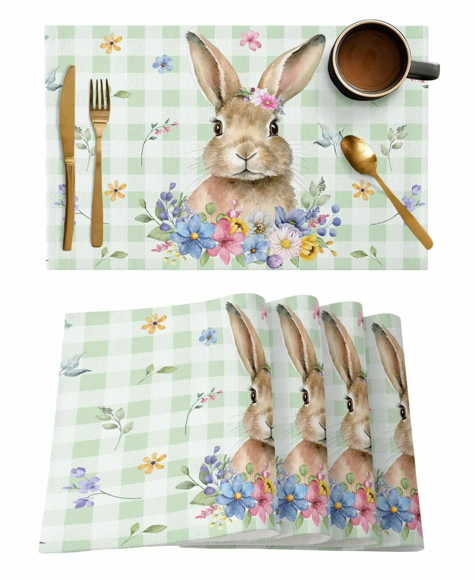 

Пасхальный синий клетчатый коврик для стола с кроликом и цветком, Свадебный Праздничный обеденный стол, аксессуары для стола, салфетка для стола, 4 шт.