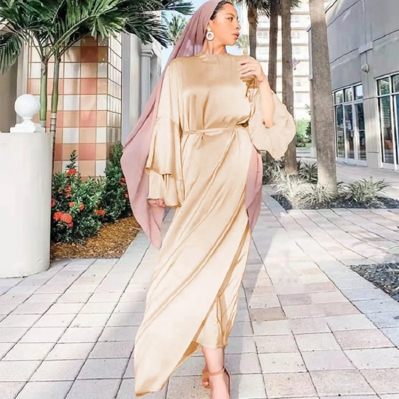 Мусульманское платье Wepbel, женское платье Дубай, абайя, однотонное Двухслойное хиджадное платье с рукавами-колокольчиками, турецкий кафтан, ...