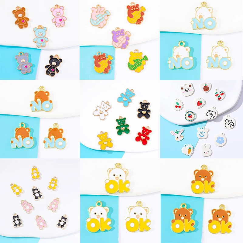 

20Pcs 8 Styles Cute Cartoon Bear Pendant Enamel Drip Oil Heart Guitar Animal Charms For Jewelry Making Diy Keychain Accessories