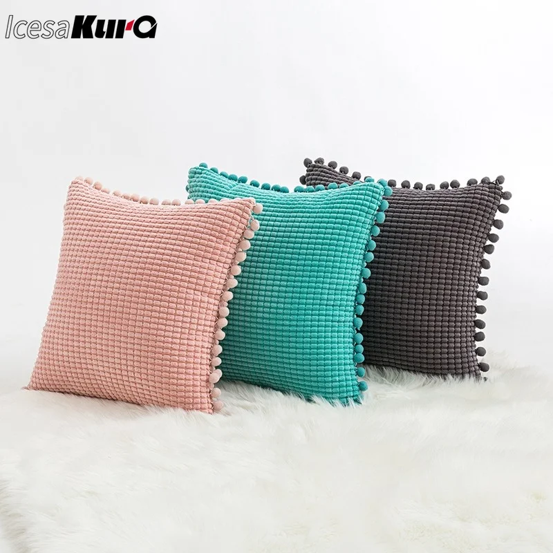 

Soft Velvet Cushion Cover Solid Pillow Case Corduroy Flocking Yellow Gray Pink Home Decorative Pillow Cover 45x45cm Pompom Ball