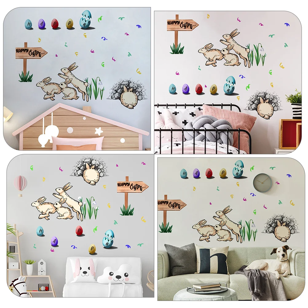 1 Set Easter Bunny Designed Wall Sticker Cartoon Style Background |