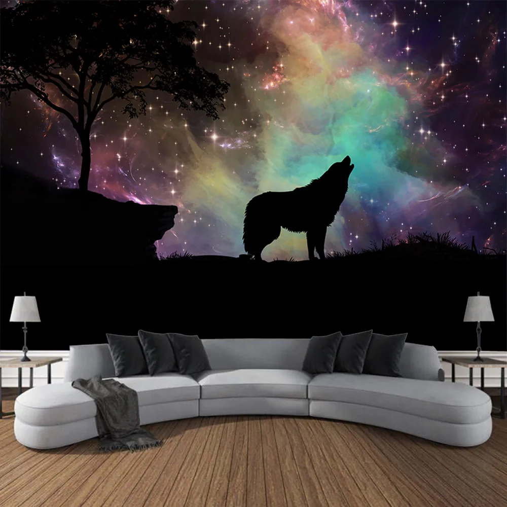 

Wolf Moon Tapestry Wall Hanging Fantasy Starry Sky Animal Hippie Bohemian Large Fabric Forest Tapestry Room Art Decoration