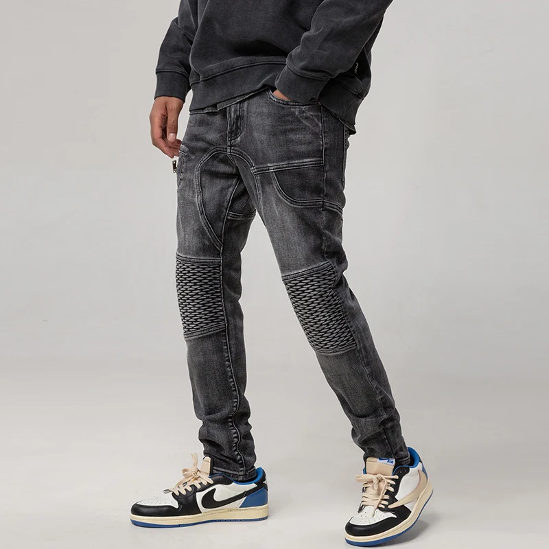Street Fashion Men Jeans Retro Black Gray Elastic Slim Fit Spliced Biker Jeans Men Wrinkled Patch Designer Hip Hop Pants Hombre