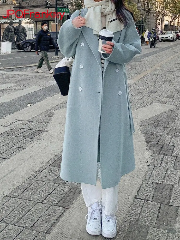 

Женское двустороннее кашемировое пальто, Свободное длинное шерстяное пальто в Корейском стиле Хепберн, весна-осень 2023