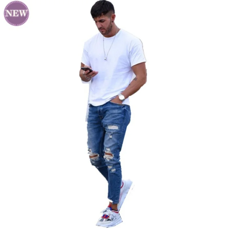 Summer New Men's Jeans Water Washed Hole Skinny Pants Pencil Pants Fashion Slim Men's Jeans