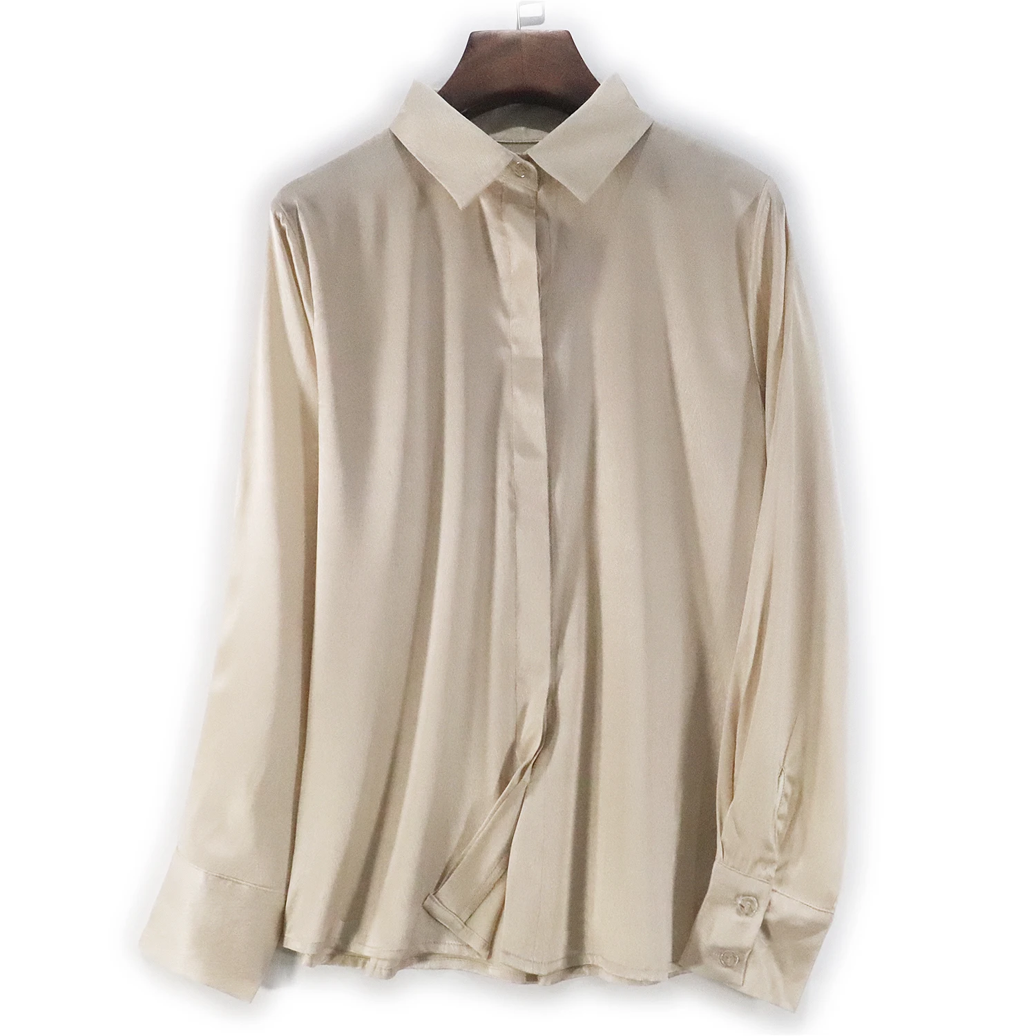 2023 New 19mm Silk Blouse Women High Quality Pure Silk XL Shirt Beige Tops Summer Lady Clothing