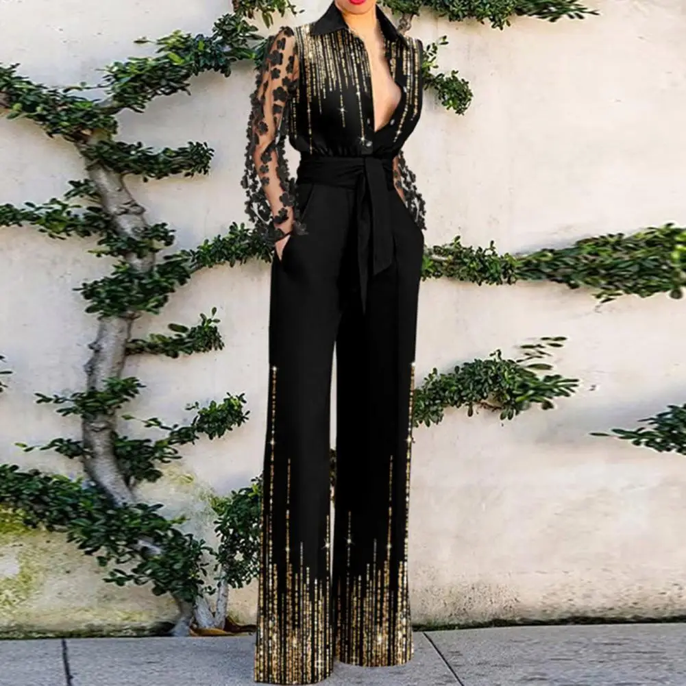 

Casual Jumpsuit Flower Decor Office Jumpsuit Patchwork Color Belt Pockets Jumpsuit