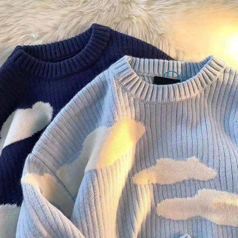 Свитер в Корейском стиле с круглым вырезом и изображением белого облака