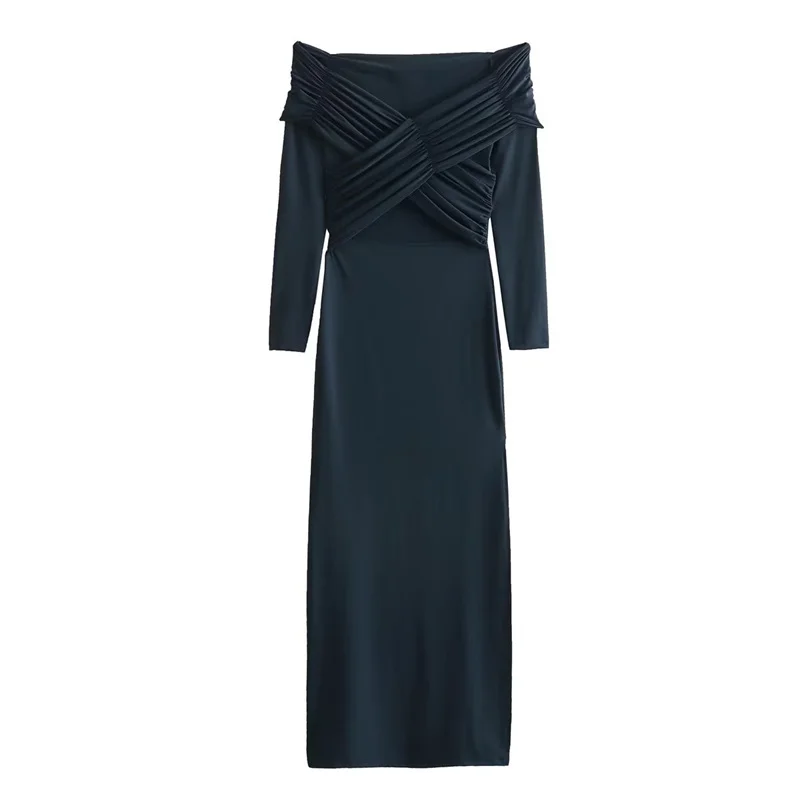 

2023 New Women Pleated Decoration Slim Fit Pants Dress Autumn&Winter Fashion High Street Versatile Sexy Off Shoulder Dress