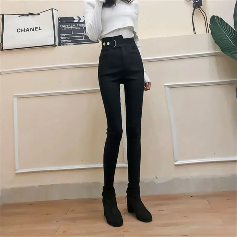 

2022 Women Spring Autumn New Black Leggings Female Casual High Waist Stretch Feet Pants Ladies Buttons Thin Pencil Pants E229