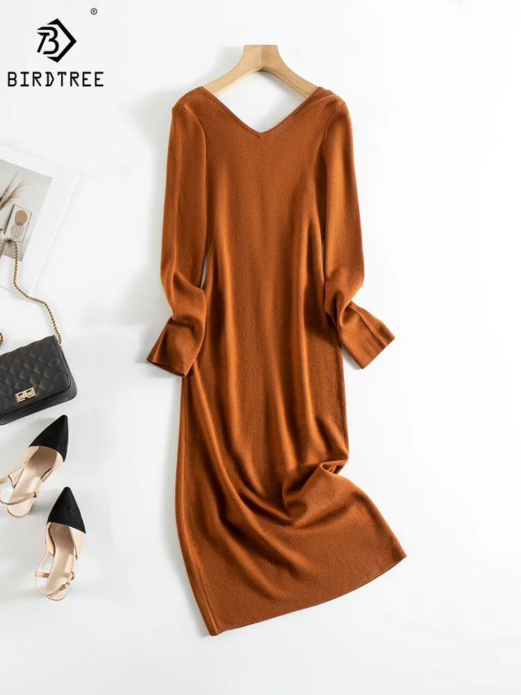 

Женское платье из 32.4% шерсти с v-образным вырезом и открытой спиной, осенне-зимний элегантный длинный пуловер D38619QM