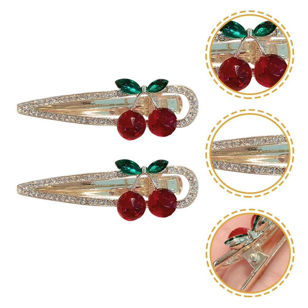 

2 Pcs Small Rhinestones Girls Hair Barrette Hairpin Cherry Hairpins Women's Clips Headgear Lovely Silver Duckbill Miss Volume