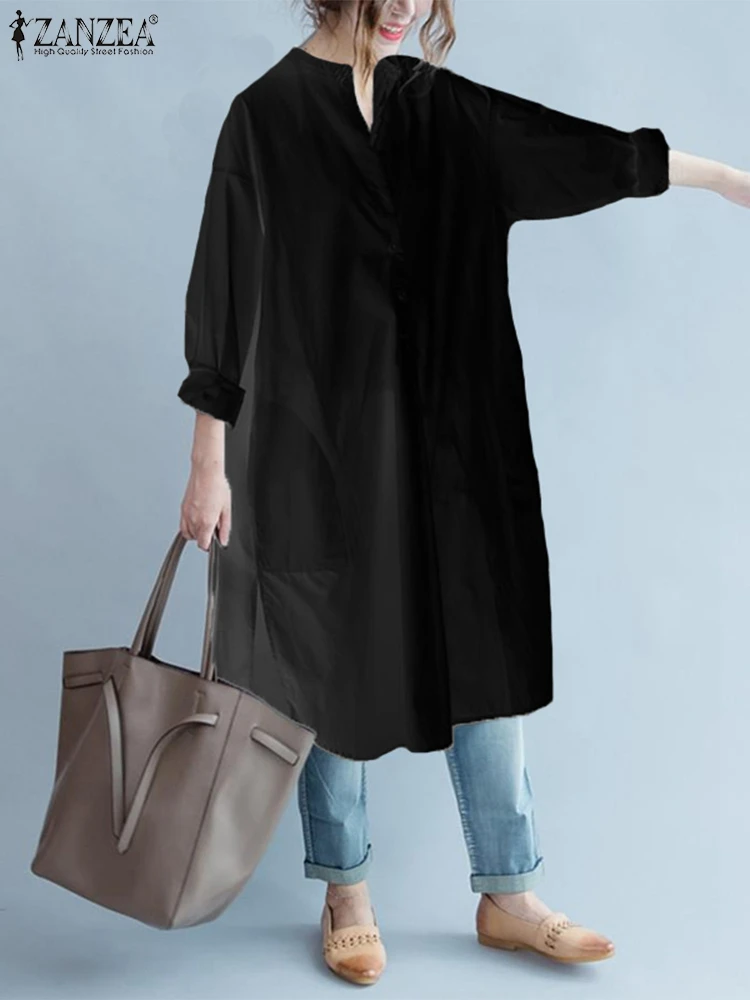 

Женская Асимметричная блузка ZANZEA 2022, Однотонная рубашка, кафтан с длинным рукавом, блузы, Женская туника с V-образным вырезом и разрезом, топ...