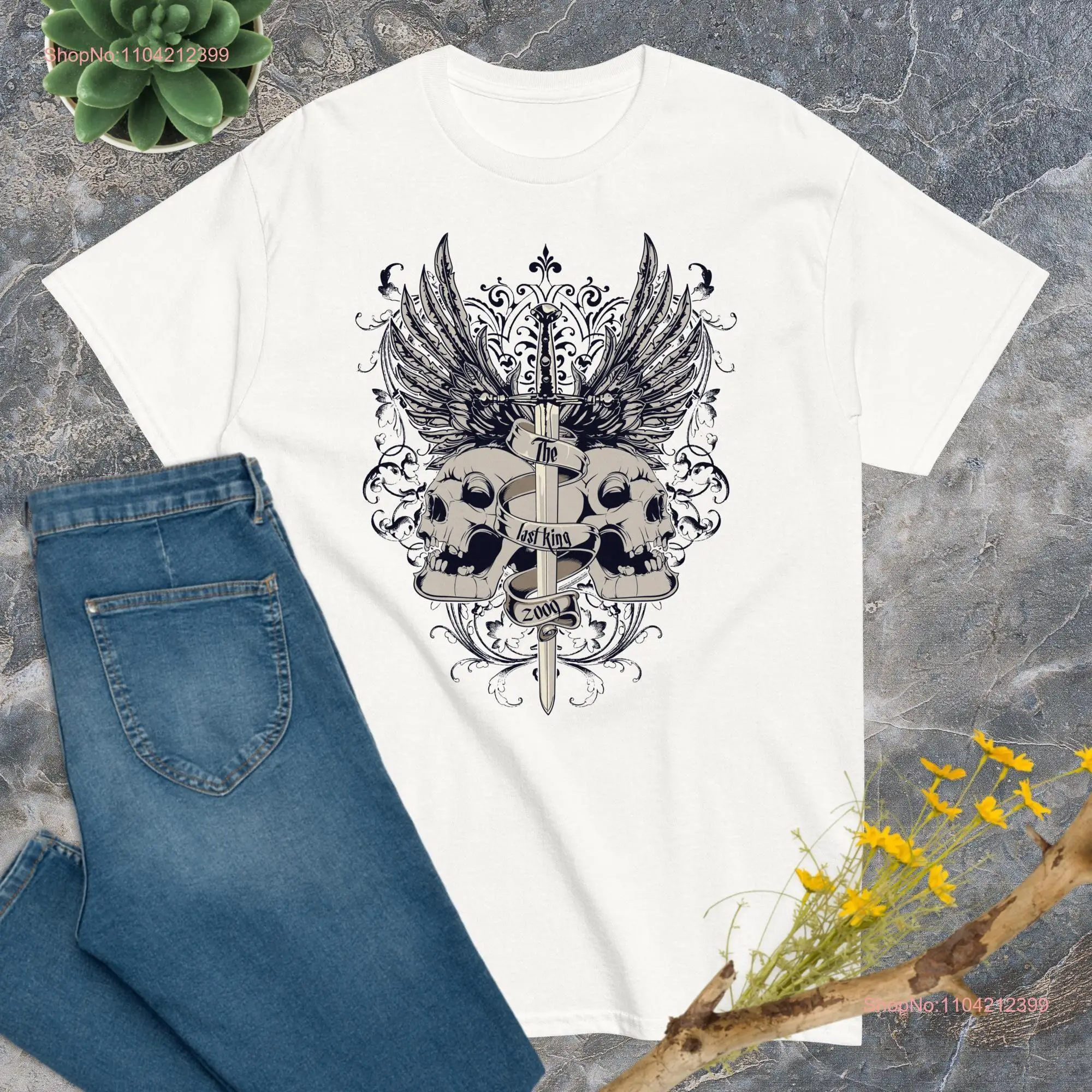 Классическая футболка с черепами длинными или короткими рукавами и крыльями