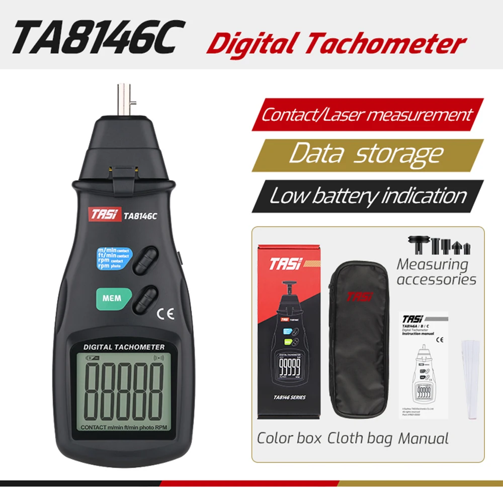 

TASI TA8146C фотоэлектрический Бесконтактный тахометр 2 в 1, 2,5-99999 ОБ/мин