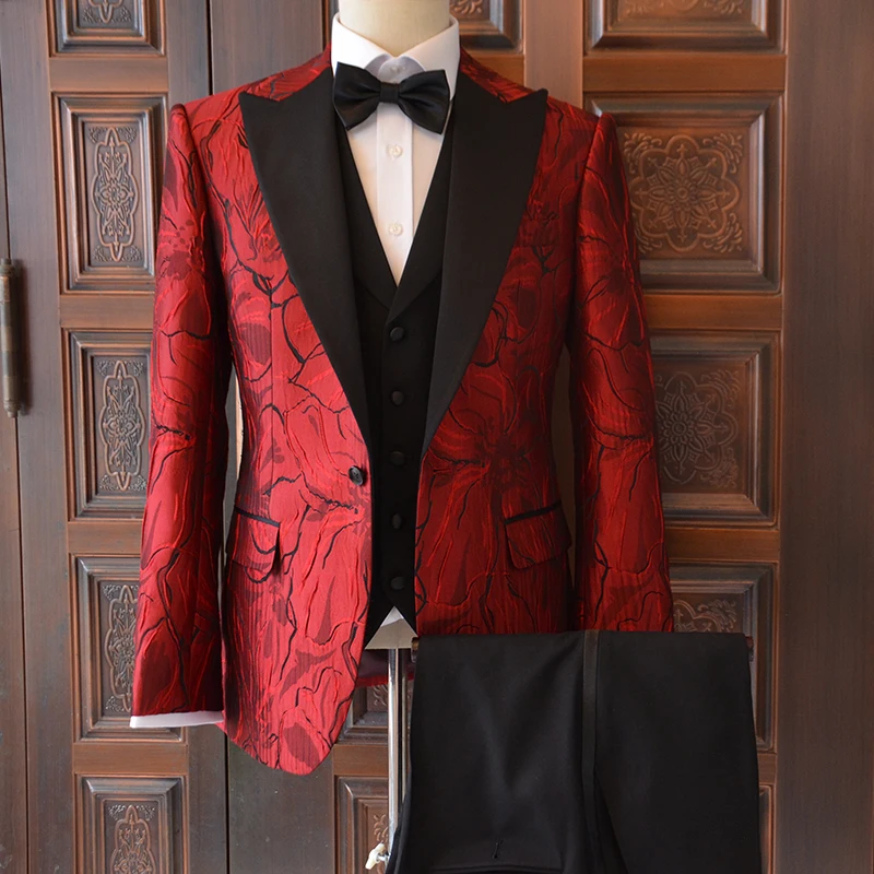 

Customized Men's Red Pattern Three Piece Suit Coat Dress Wedding