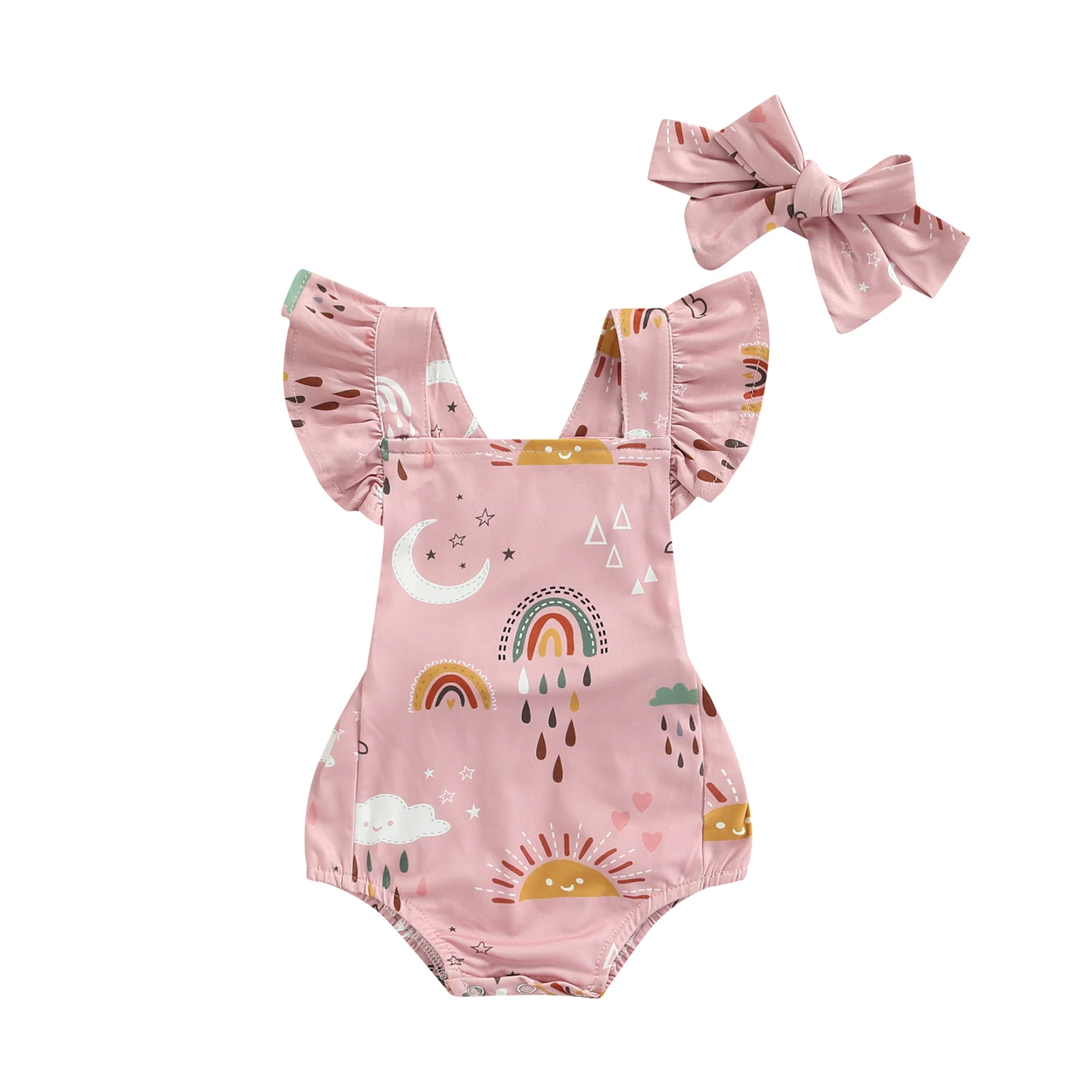 

Newborn Kids Lolvely Baby Clothing Flying Sleeve Bodysuit Square Collar Rainbow Print Jumpsuit with Decorative Bow Headband