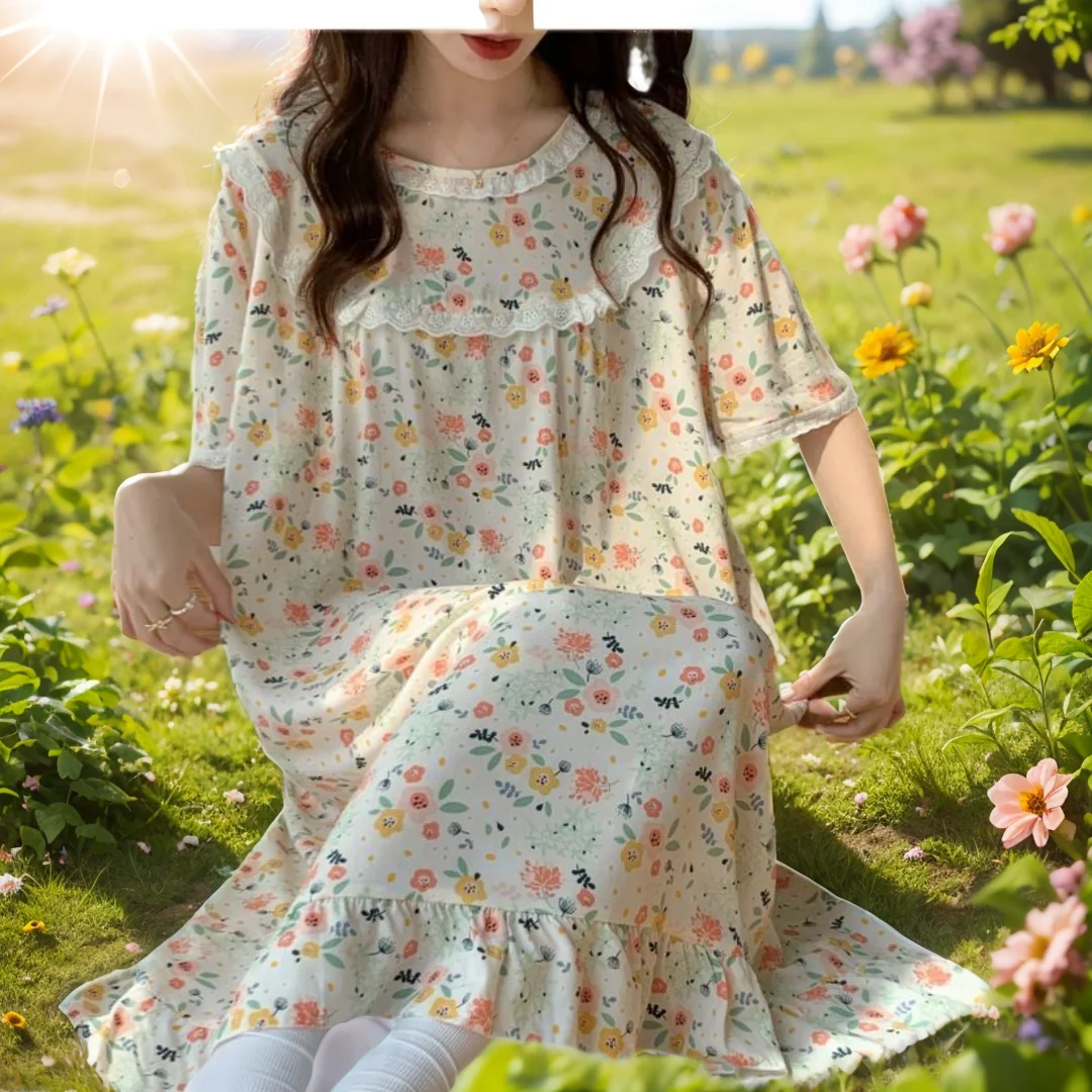 

Women's New Nightdress - Sexy Flower Princess Nightgown, Full Sleeve, Summer Casual Cotton Nightwear, Fashion Clothes, Plus Size