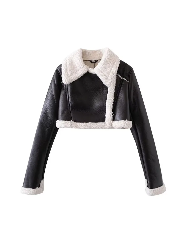 

PB&ZA Women New Fashion Thick Warm Winter Fur Faux Leather Cropped Short Coat Vintage Long Sleeve Female Outerwear Chic Tops