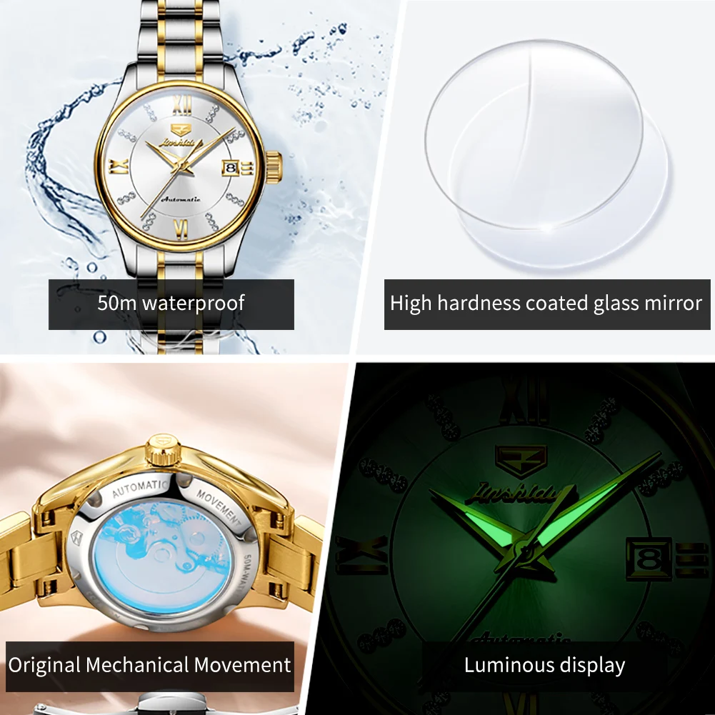 2023 New TAXAU Automatic Mechanical Watch For Women Fashion Rhinestone Stainless Steel Dual Calendar Classic Ladies Wristwatch