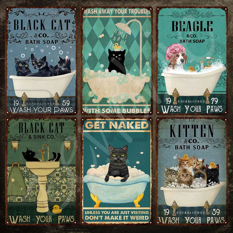 

Black Cat and Kitten &co Bath Soap Metal Sign Wash Away Your Troubles Tin Sign Animal Metal Plate for Pet Shop Bathroom Decor