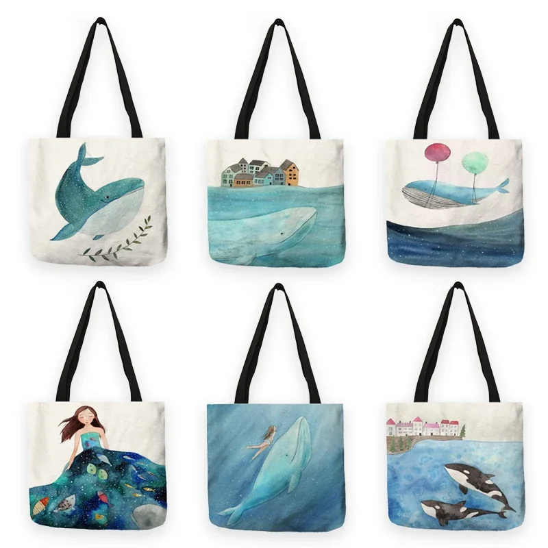 

Women Bag Cute Whale Sea Series Shopper Bags Japanese Large Capacity Vintage Shoulder Bag Cartoon Linen Fabric Bag