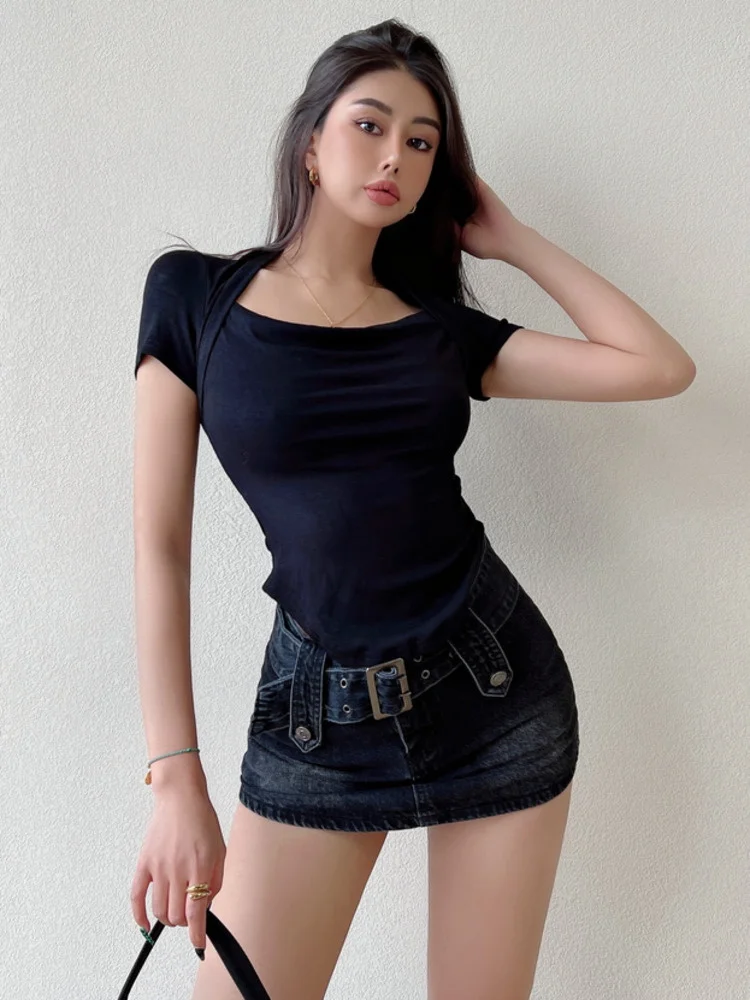 

Design Sweet Niche French New Sexy Slim Thin T-shirt Women's Solid Color Square Collar Short-sleeved Bottoming Top 5CLZ