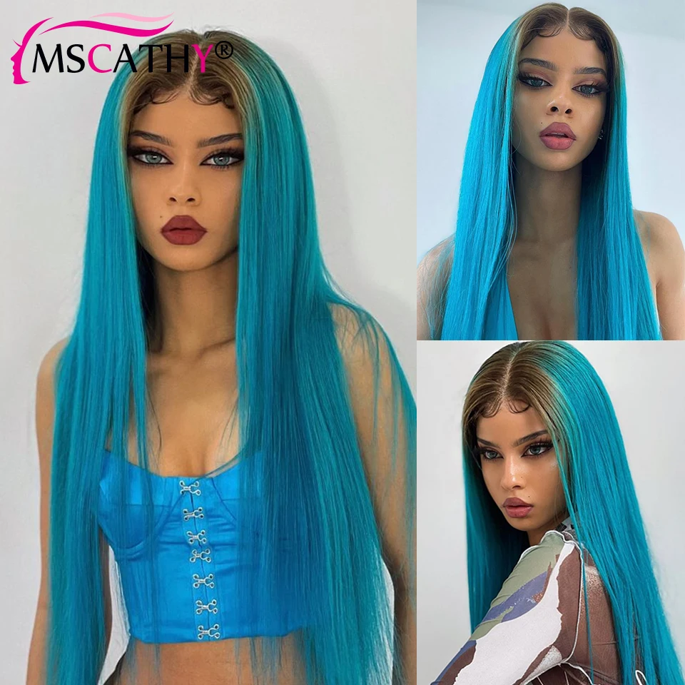 13x4 Dark Roots Blue Omber Lace Front Wig Straight Brazilian Remy Human Hair Wigs HD Transparent Lace Frontal Wigs Preplucked