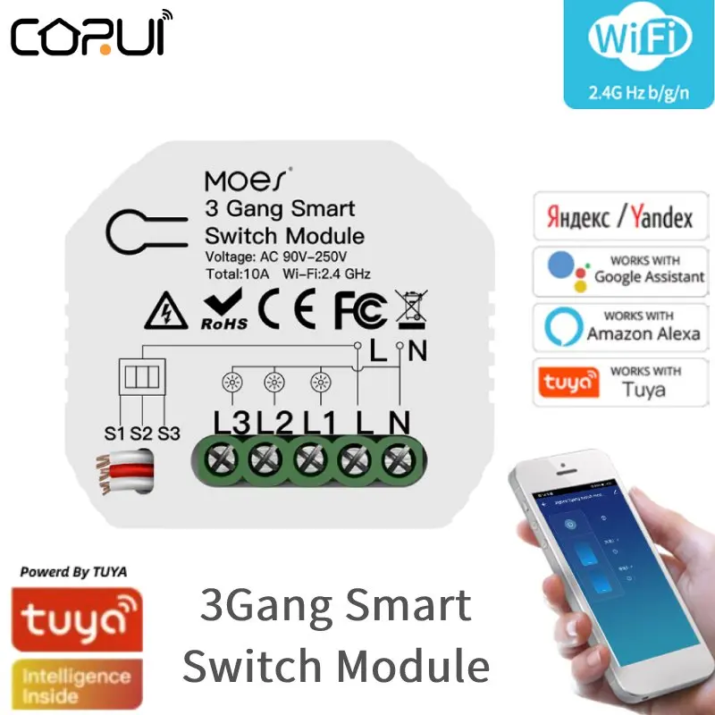 

TUYA WiFi Smart Light Switch Module 3 Gang 1/2 Way Mini DIY Switch Module Tuya/Smart Life App Works With Tuya Alexa Google Home