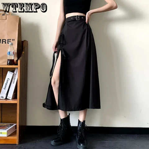 WTEMPO Split Skirts Women A-line Lace-up Summer Hepburn High Street All-match Korean Fashion Casual Sexy Classic Black Skirt