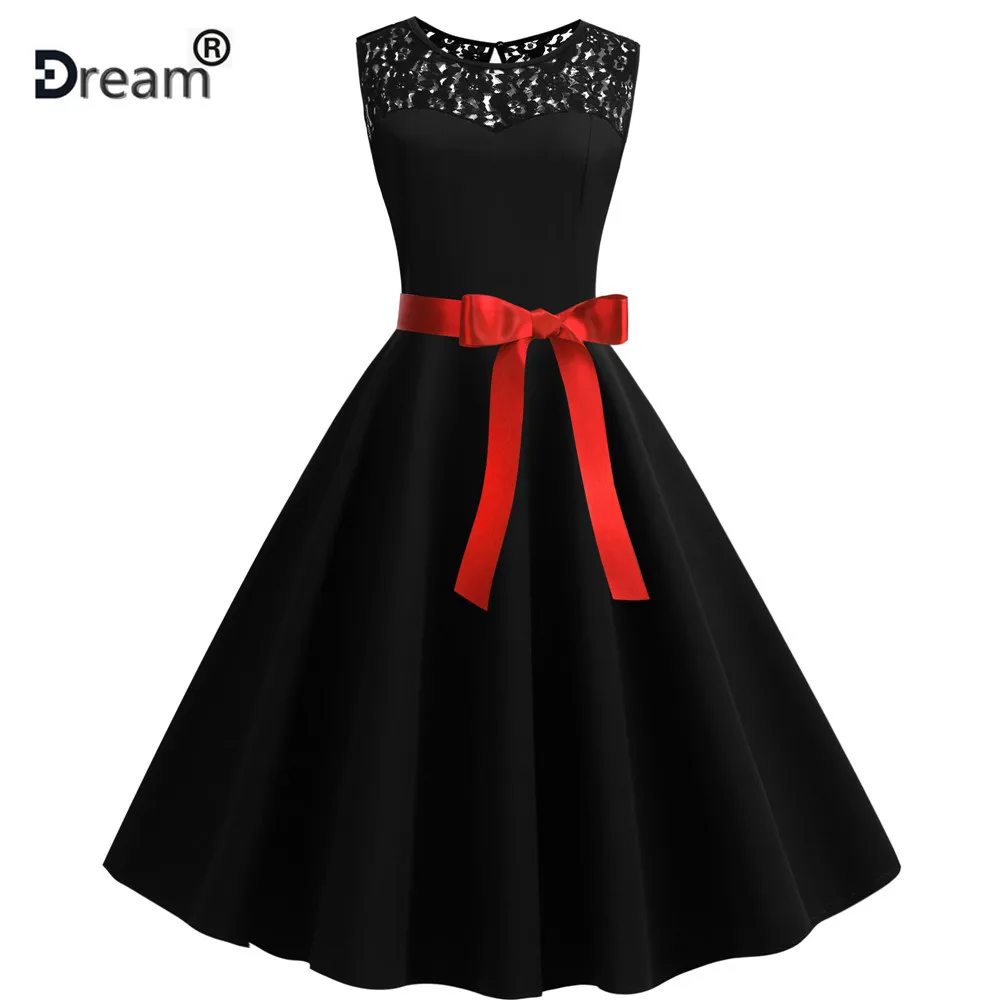 Женское винтажное платье с кружевом красное миди пышной юбкой в стиле рокабилли