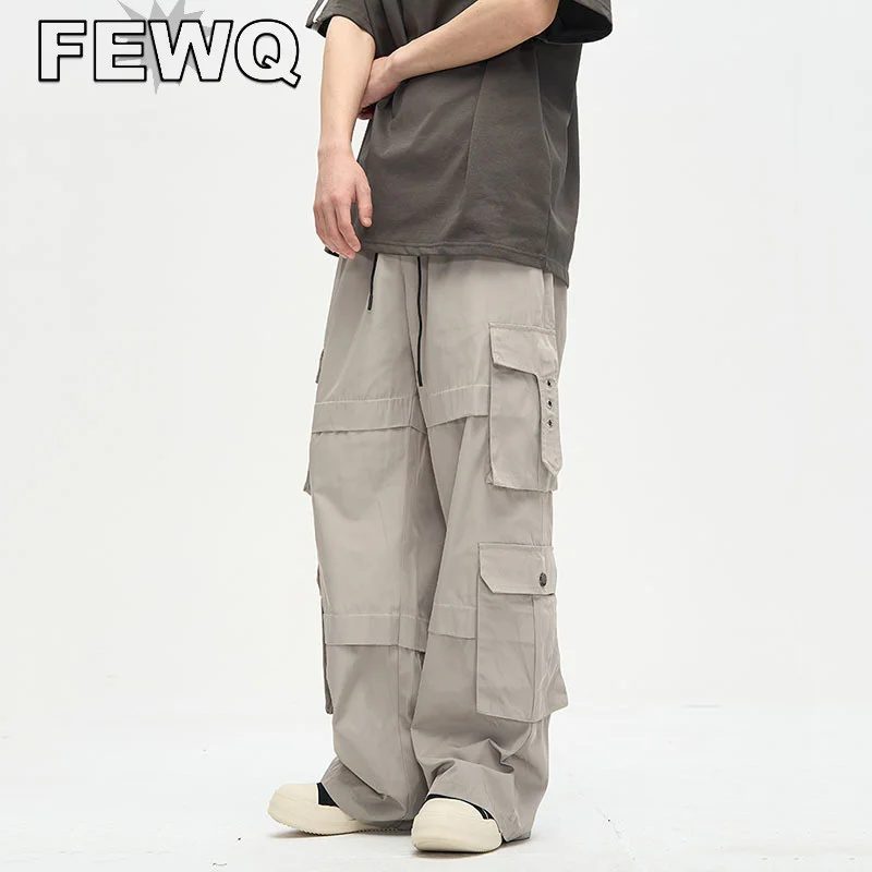 

FEWQ Y2k Men's American Style Cargo Pant Drawstring Male Overalls High Street Trousers Multi Pocket 2023 Smuuer Tide New 24B2329